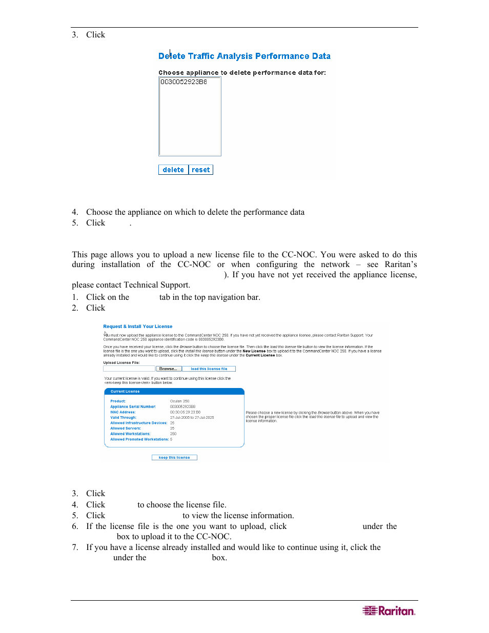 Install cc-noc license, Figure 55 delete traffic analysis performance data, Figure 56 install a new license file | Raritan Computer COMMANDCENTER NOC User Manual | Page 55 / 156