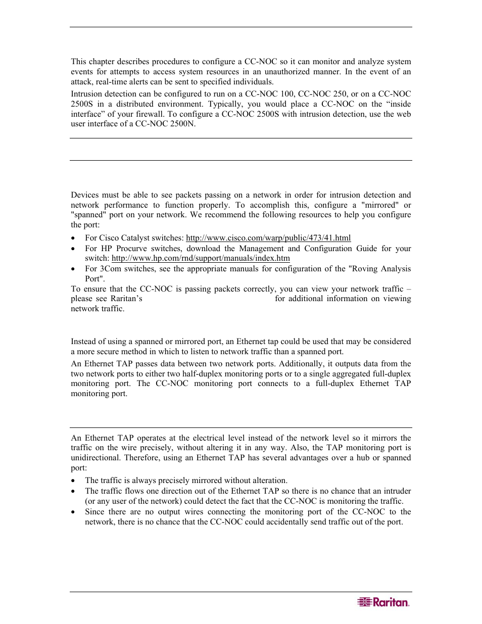 Chapter 3: configuring intrusion detection, Configure a spanned or mirrored port, Ethernet tap | Benefits | Raritan Computer COMMANDCENTER NOC User Manual | Page 57 / 156