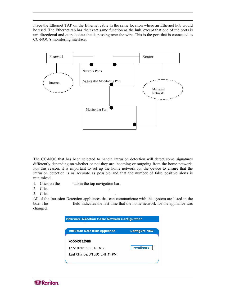 Deployment, Configure appliance home networks, Figure 58 ethernet tap deployment | Raritan Computer COMMANDCENTER NOC User Manual | Page 58 / 156