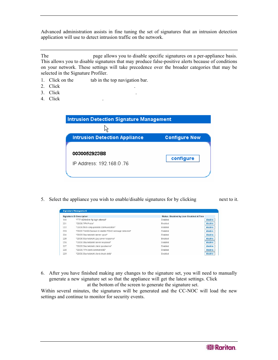 Advanced intrusion detection administration, Manage signatures, Figure 68 generating new signature set | Raritan Computer COMMANDCENTER NOC User Manual | Page 65 / 156