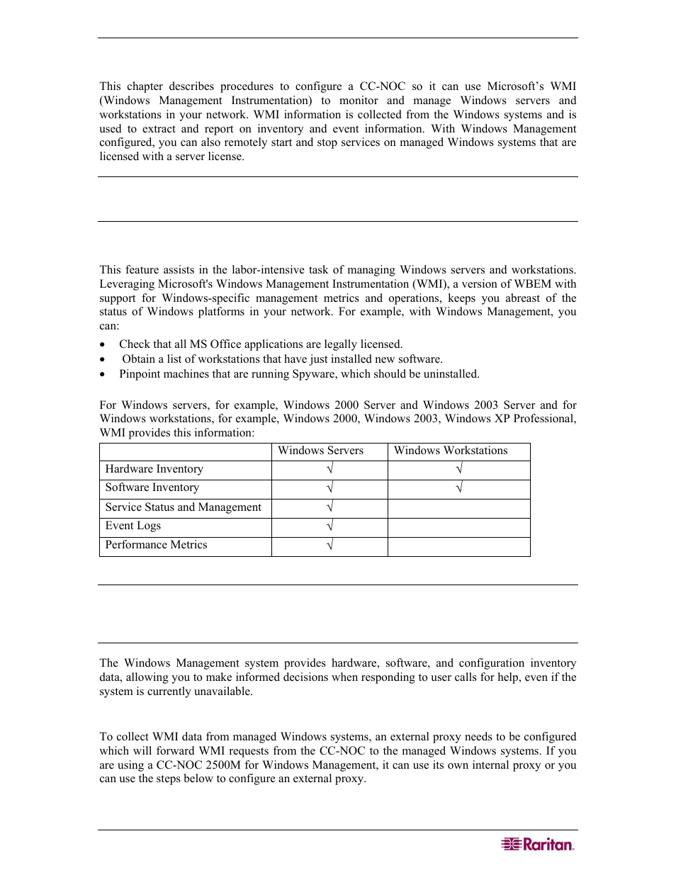 Chapter 4: configuring windows management, Windows management instrumentation (wmi), Configure an external windows proxy | Raritan Computer COMMANDCENTER NOC User Manual | Page 67 / 156