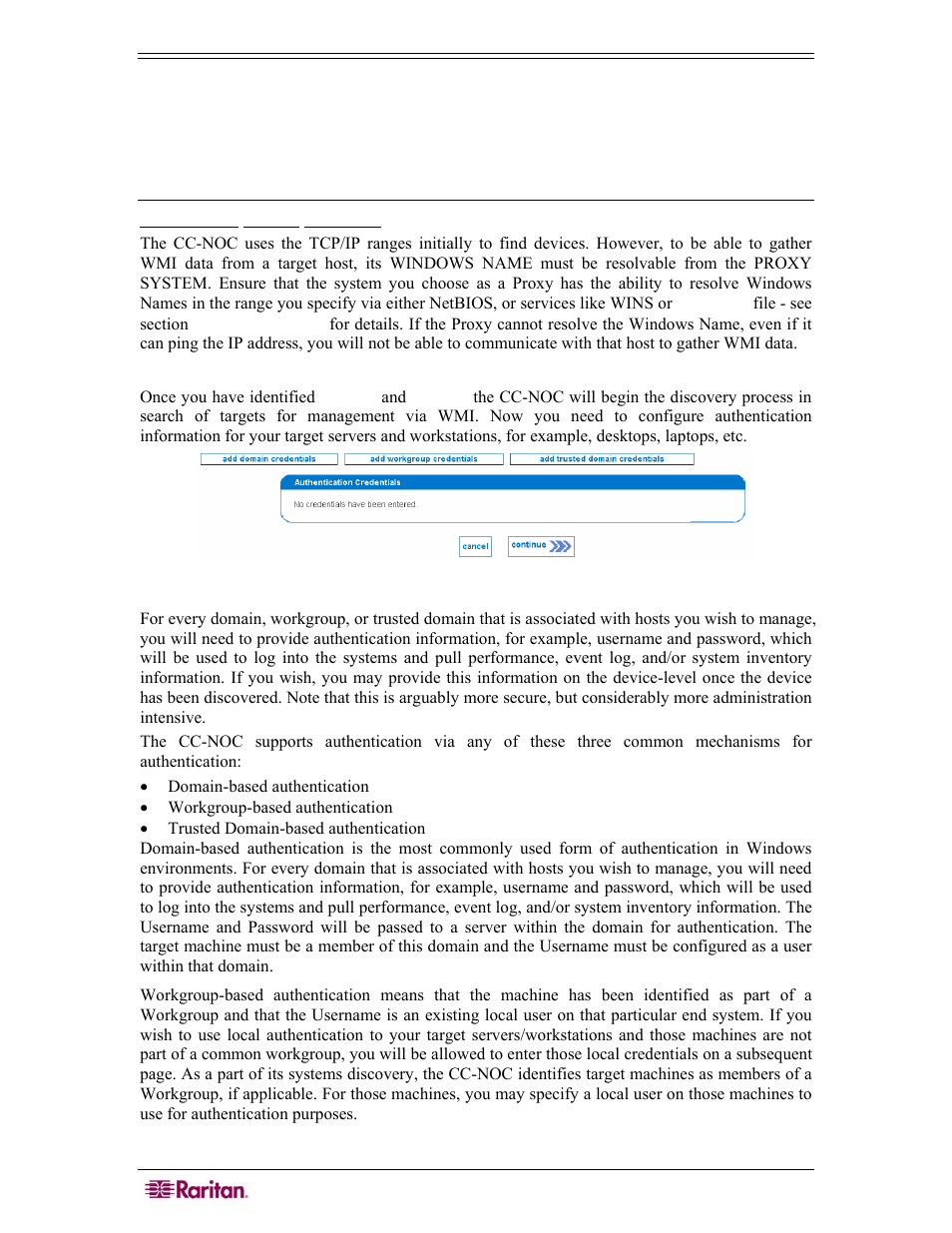 Management naming resolution, Proxy identification and credentials | Raritan Computer COMMANDCENTER NOC User Manual | Page 72 / 156