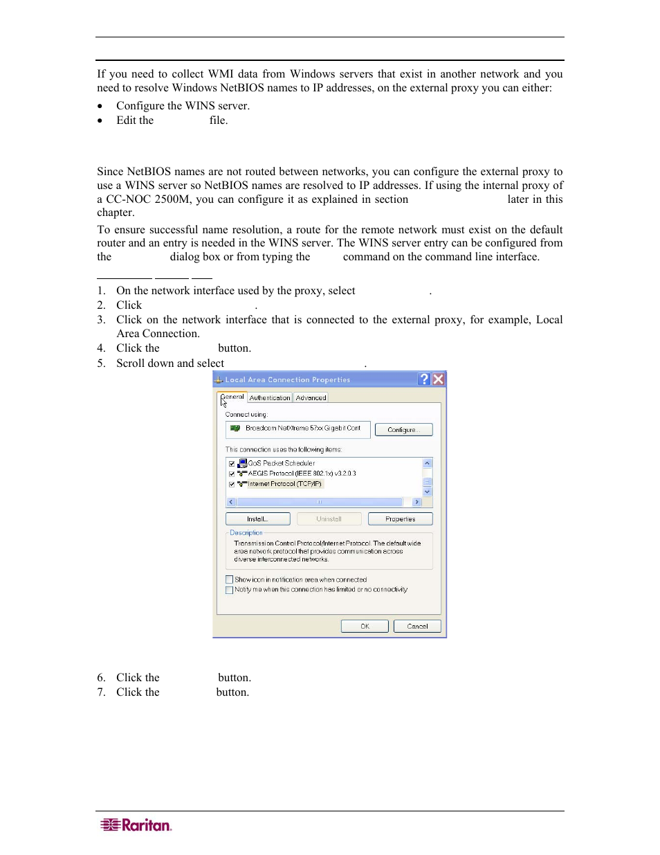 Configuring a wins server or lmhosts file, Configure a wins server on external proxy, Properties dialog box | Raritan Computer COMMANDCENTER NOC User Manual | Page 74 / 156