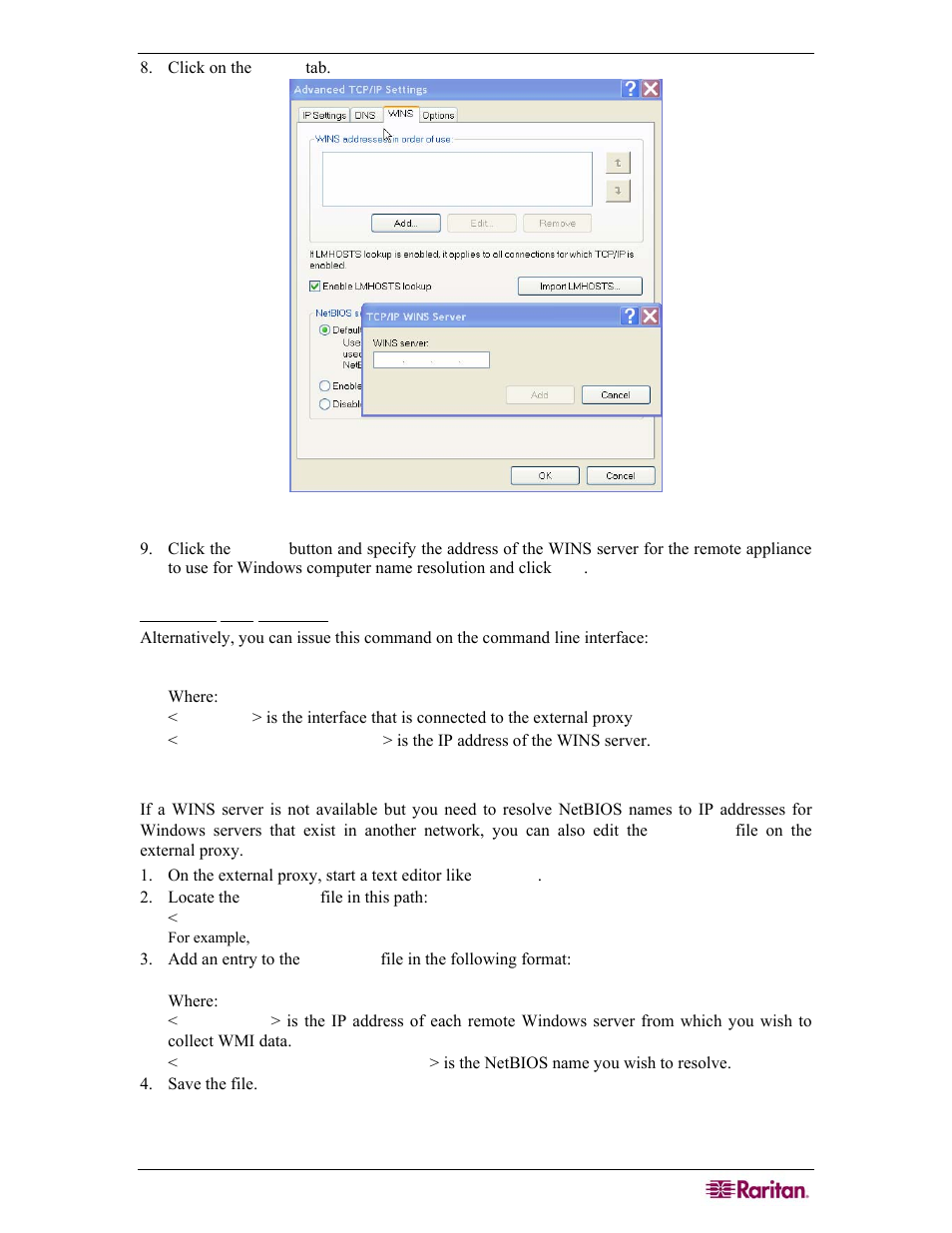 Command line interface, Edit lmhosts file on external proxy, Figure 77selecting wins tab | Raritan Computer COMMANDCENTER NOC User Manual | Page 75 / 156