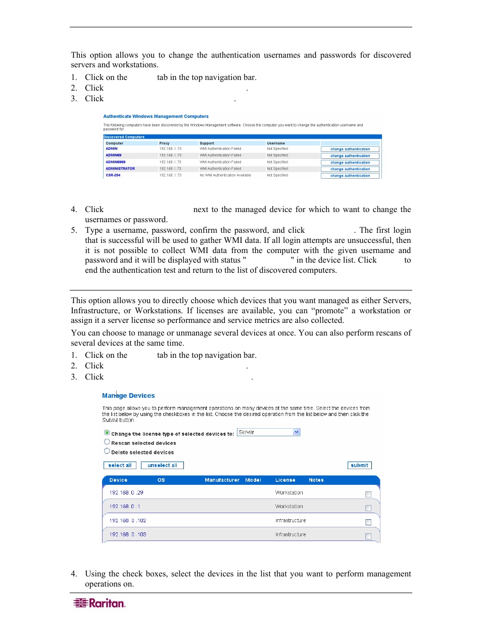 Authenticate windows computers, Manage, unmanage, or rescan devices, Figure 79 manage devices | Raritan Computer COMMANDCENTER NOC User Manual | Page 76 / 156
