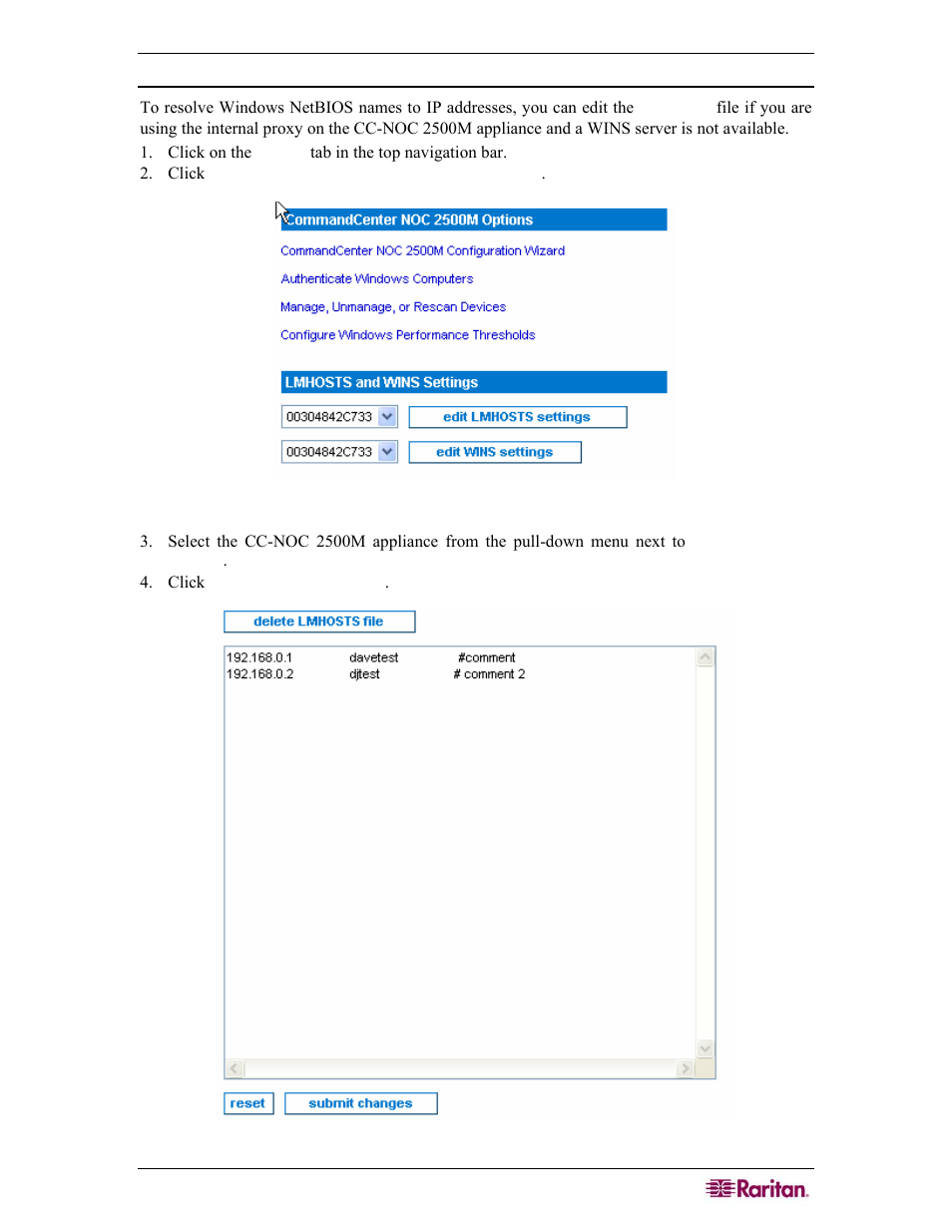 Edit lmhosts file, Figure 83 commandcenter noc 2500m options, Figure 84 edit lmhosts file | Raritan Computer COMMANDCENTER NOC User Manual | Page 79 / 156