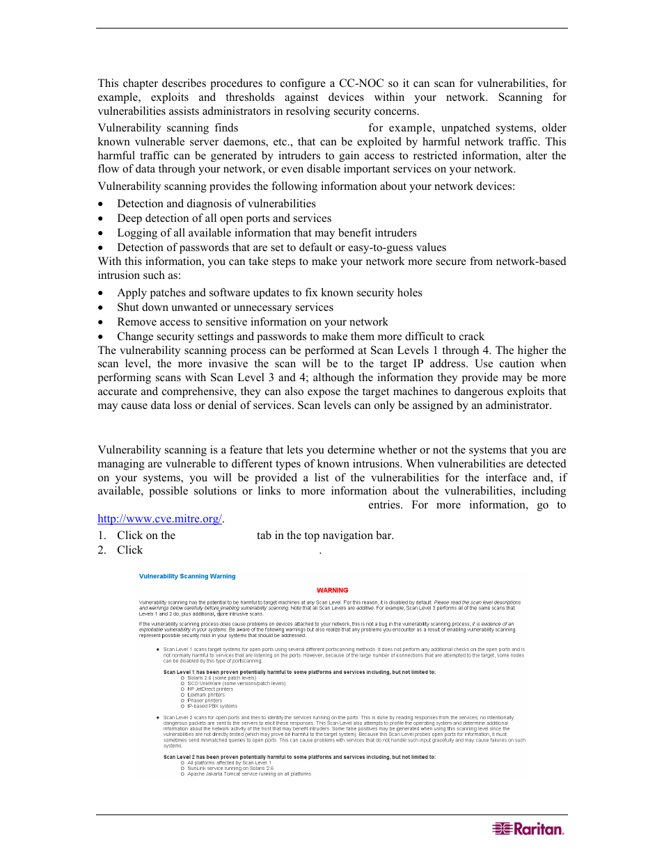 Chapter 5: configuring vulnerability scanning, Accessing vulnerability scanning, Figure 85 vulnerability scanning warning | Raritan Computer COMMANDCENTER NOC User Manual | Page 81 / 156
