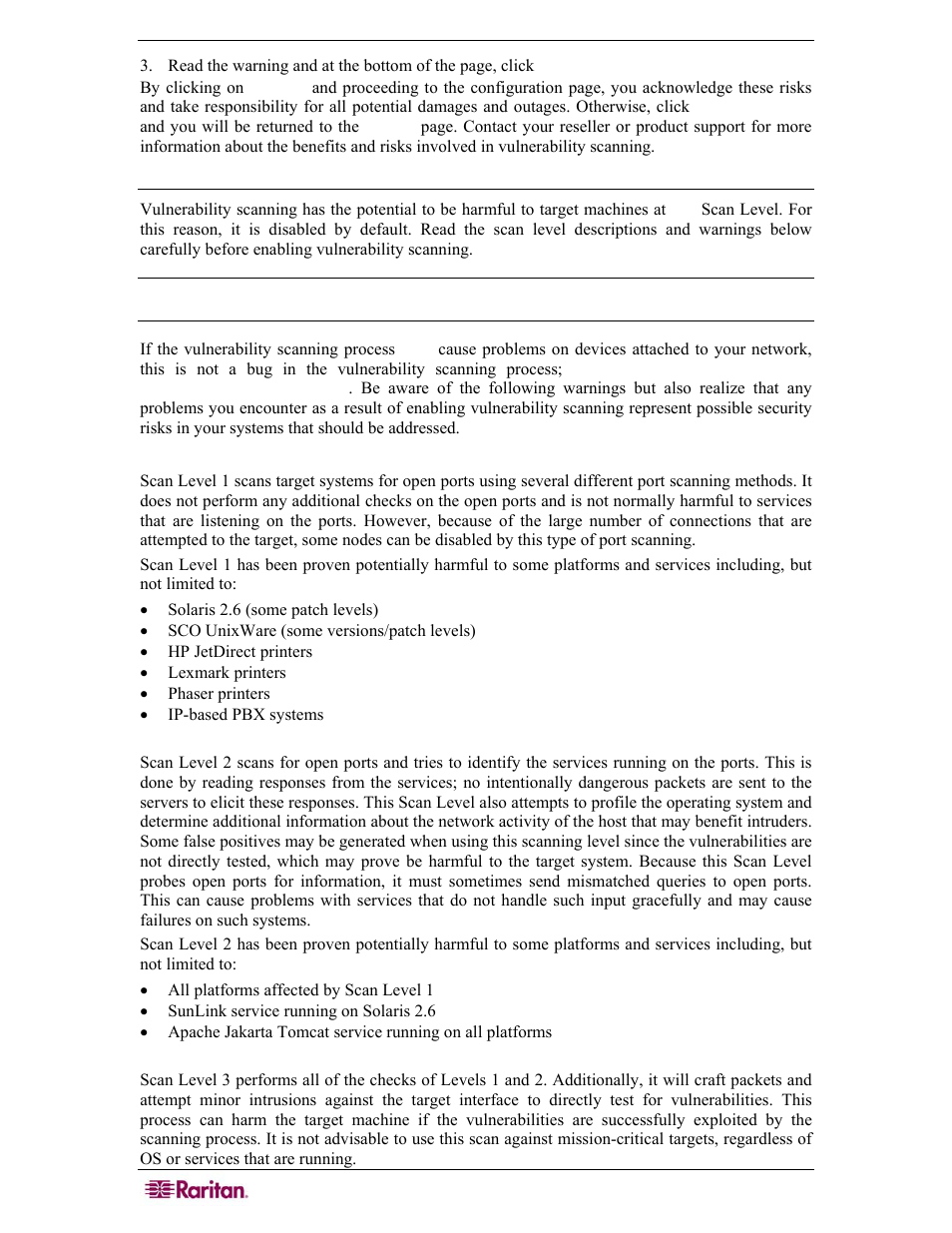 Vulnerability scan levels, Scan level 1, Scan level 2 | Scan level 3 | Raritan Computer COMMANDCENTER NOC User Manual | Page 82 / 156