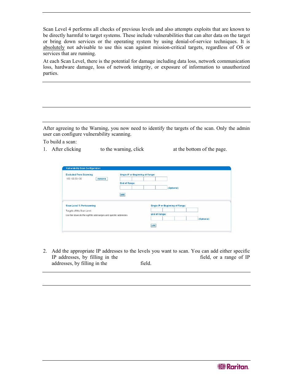 Scan level 4, Specify ip addresses and schedule the scan | Raritan Computer COMMANDCENTER NOC User Manual | Page 83 / 156