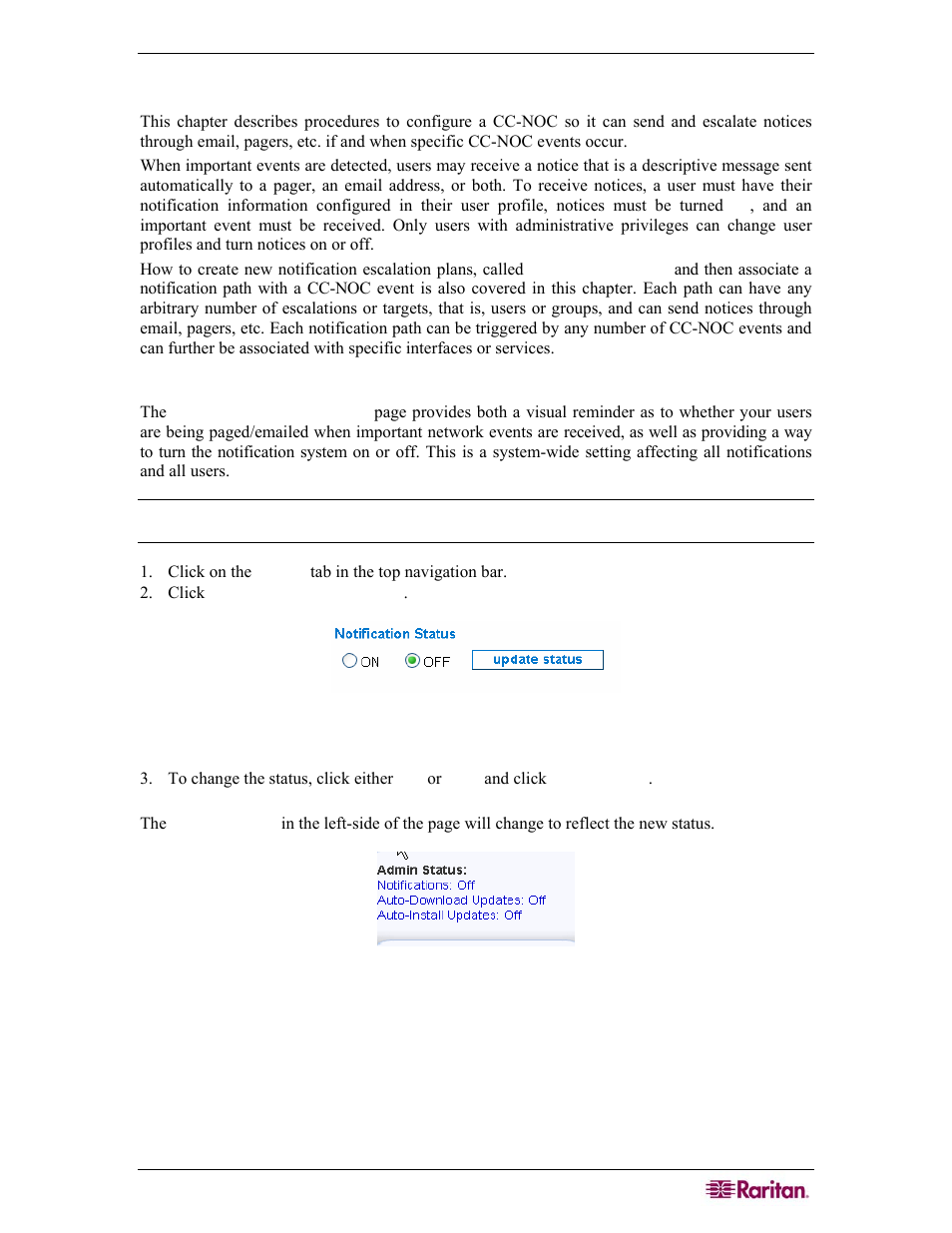 Chapter 6: configuring notifications, Enable/disable notifications, Figure 88 notification status | Figure 89 admin status | Raritan Computer COMMANDCENTER NOC User Manual | Page 85 / 156