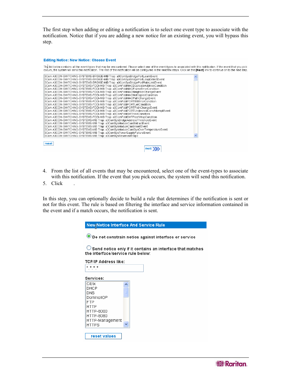 Select event type, Build and validate an interface/service rule, Figure 91 adding a new event notification | Raritan Computer COMMANDCENTER NOC User Manual | Page 87 / 156