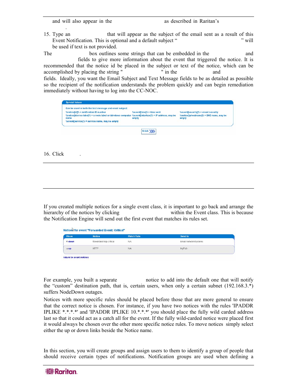 Arrange notice hierarchy, Configure notification groups, Figure 96 arranging event notifications | Raritan Computer COMMANDCENTER NOC User Manual | Page 90 / 156