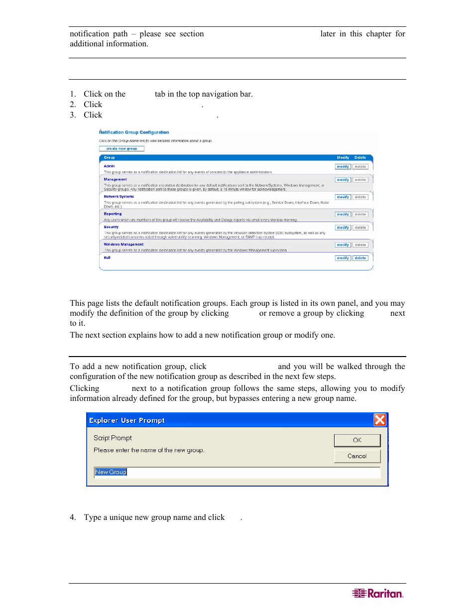Add/modify a notification group, Figure 97 configure notification groups, Figure 98 assigning a name to a notification group | Raritan Computer COMMANDCENTER NOC User Manual | Page 91 / 156
