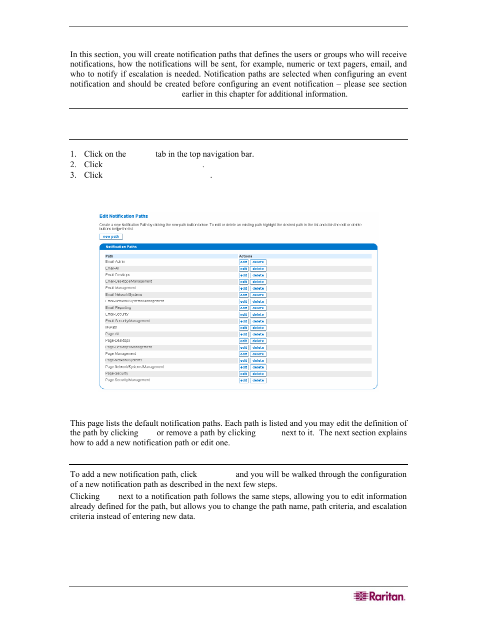 Configure notification paths, Add/edit a notification path, Figure 100 configuring a notification path | Raritan Computer COMMANDCENTER NOC User Manual | Page 93 / 156