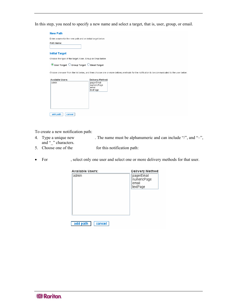 Create new path name and specify targets, Figure 101 configuring a notification path | Raritan Computer COMMANDCENTER NOC User Manual | Page 94 / 156