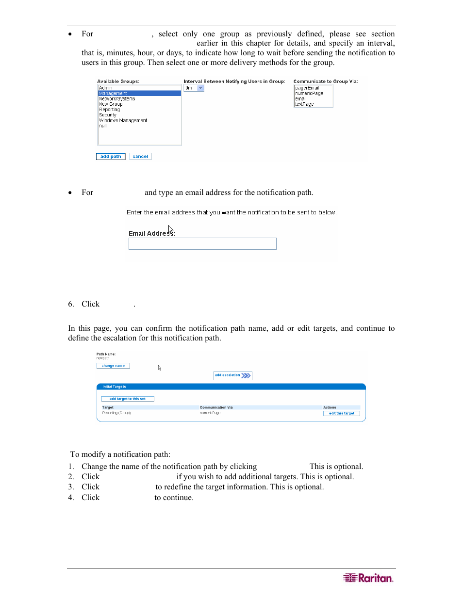 Modify a notification path, Figure 105 modify notification paths | Raritan Computer COMMANDCENTER NOC User Manual | Page 95 / 156