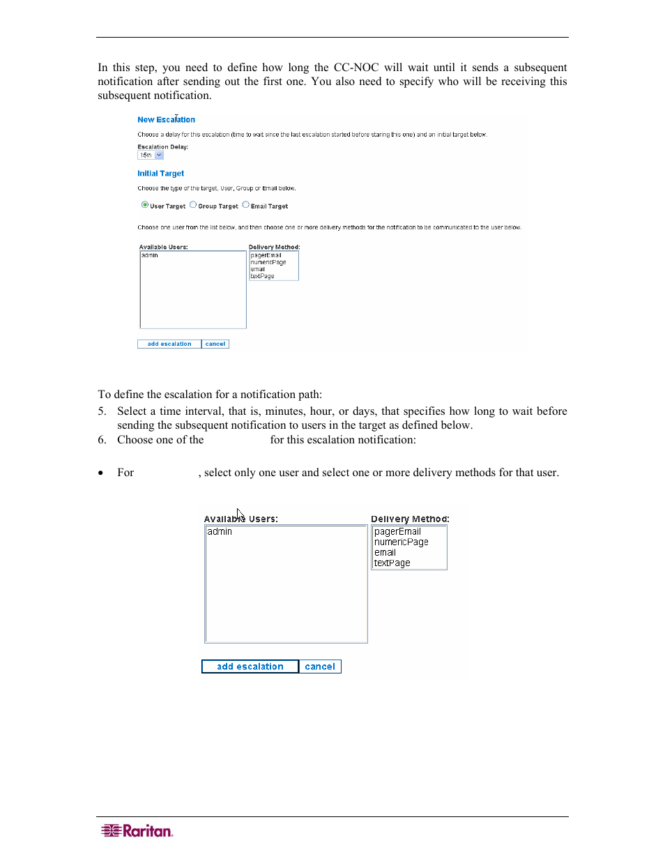 Define escalation in notification path, Figure 106 define escalation in notification path | Raritan Computer COMMANDCENTER NOC User Manual | Page 96 / 156