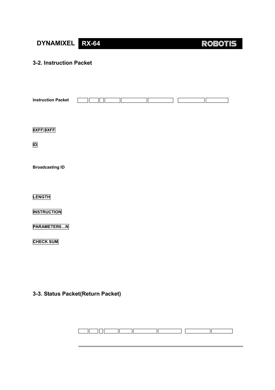 Dynamixel rx-64, 2. instruction packet, 3. status packet(return packet) | Robotis Dynamixel RX-64 User Manual | Page 11 / 38