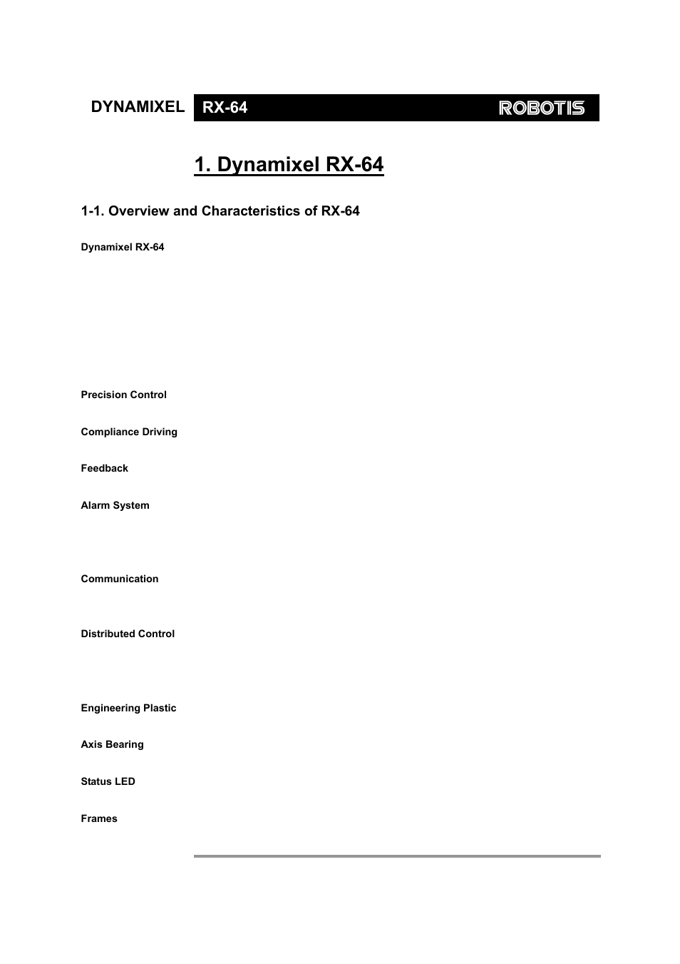 Dynamixel rx-64, 1. overview and characteristics of rx-64 | Robotis Dynamixel RX-64 User Manual | Page 3 / 38