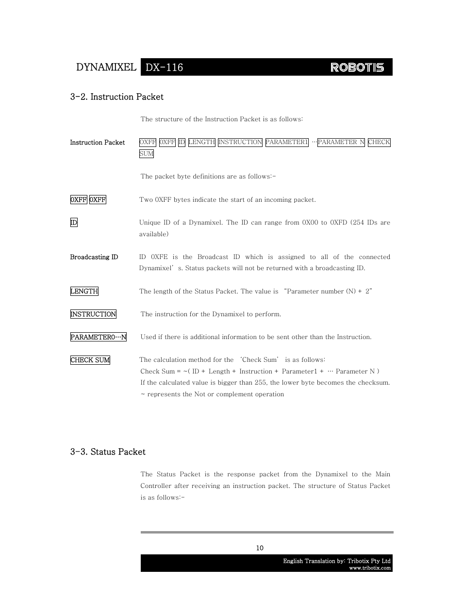 Dynamixel dx-116, 2. instruction packet, 3. status packet | Robotis DX-116 User Manual | Page 11 / 40