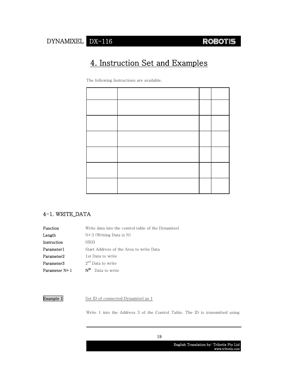 Instruction set and examples, Dynamixel dx-116, 1. write_data | Robotis DX-116 User Manual | Page 20 / 40