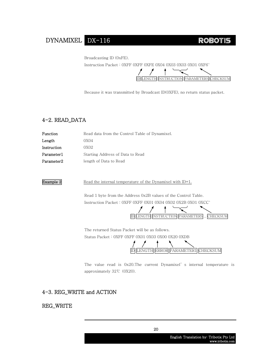 Dynamixel dx-116, 2. read_data, 3. reg_write and action | Reg_write | Robotis DX-116 User Manual | Page 21 / 40