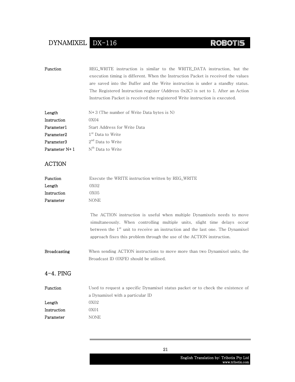 Dynamixel dx-116, Action, 4. ping | Robotis DX-116 User Manual | Page 22 / 40