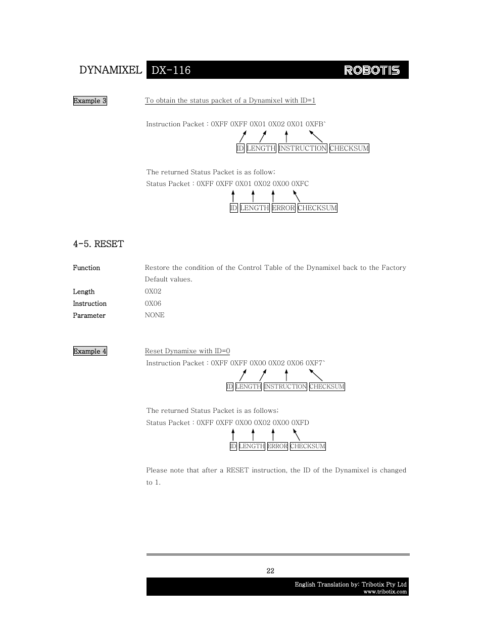 Dynamixel dx-116, 5. reset | Robotis DX-116 User Manual | Page 23 / 40