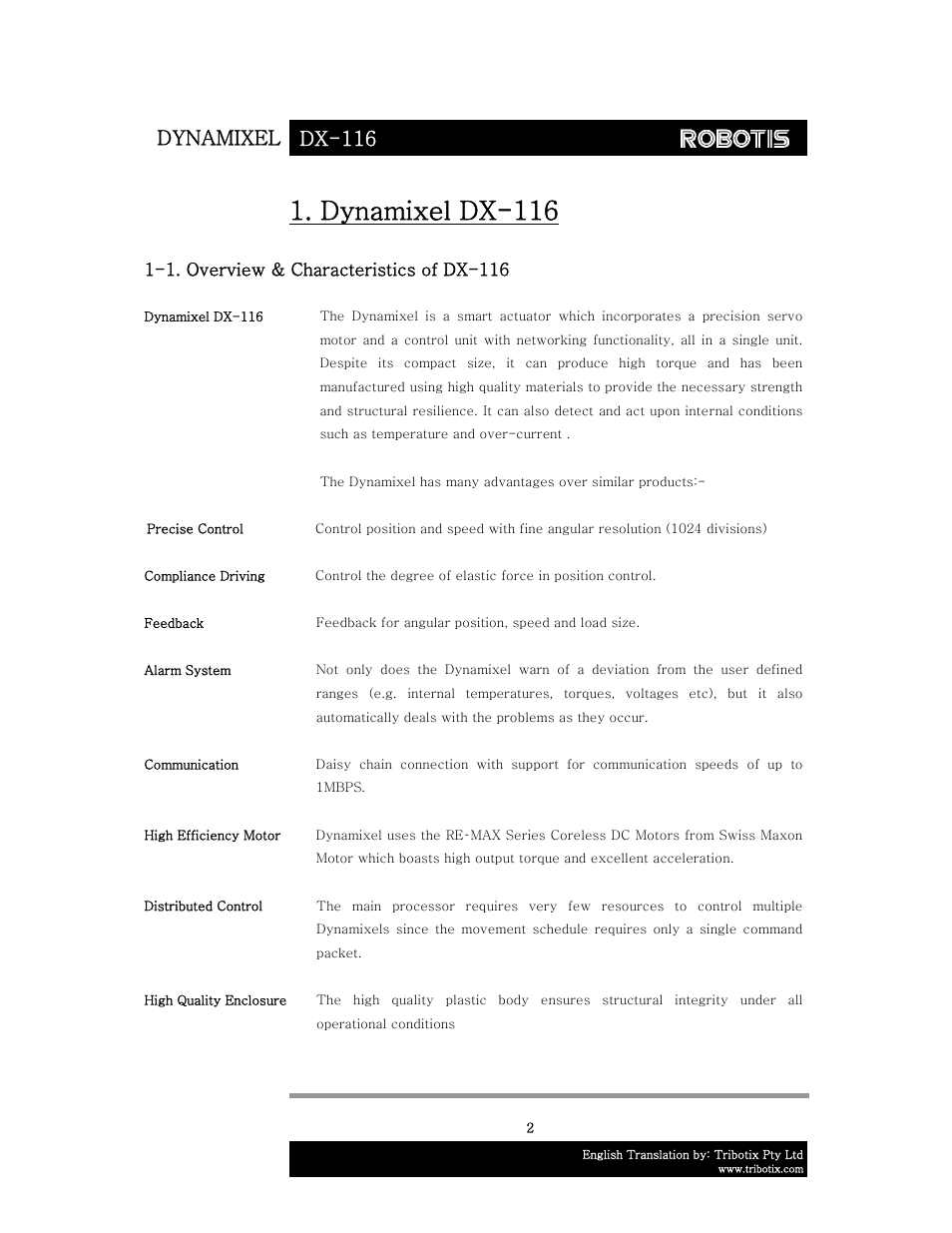 Dynamixel dx-116, 1. overview & characteristics of dx-116 | Robotis DX-116 User Manual | Page 3 / 40