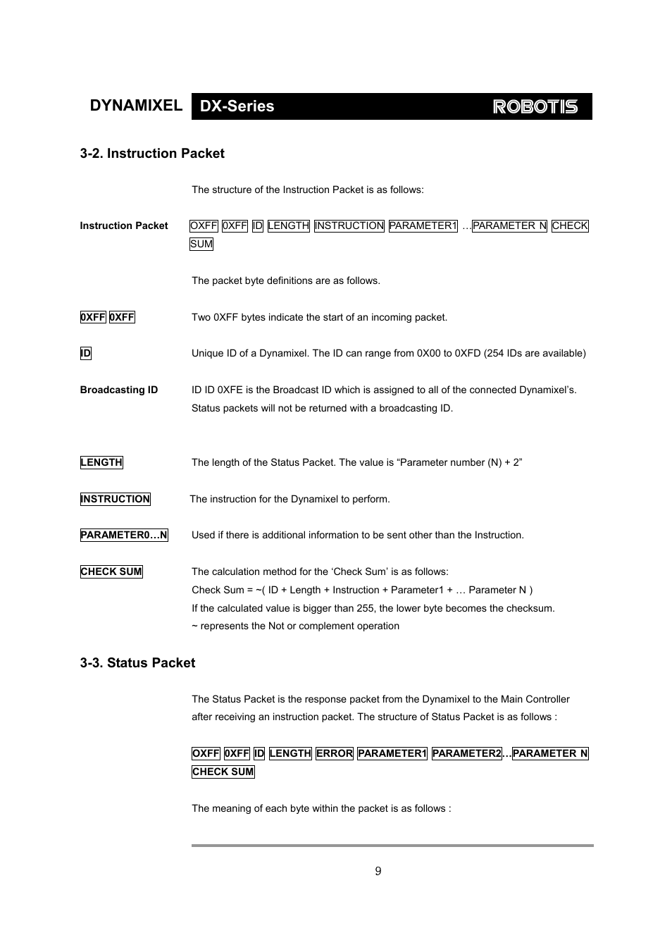Dynamixel dx-series, 2. instruction packet, 3. status packet | Robotis Dynamixel DX-117 User Manual | Page 10 / 43