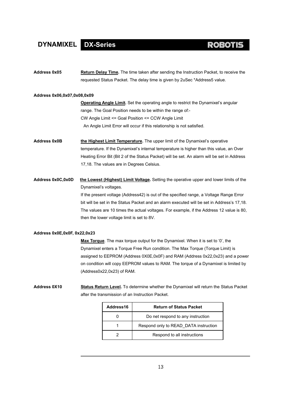 Dynamixel dx-series | Robotis Dynamixel DX-117 User Manual | Page 14 / 43