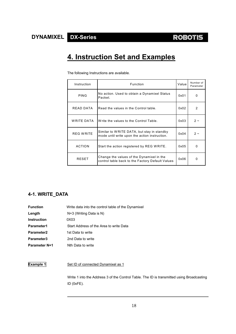 Instruction set and examples, Dynamixel dx-series, 1. write_data | Robotis Dynamixel DX-117 User Manual | Page 19 / 43