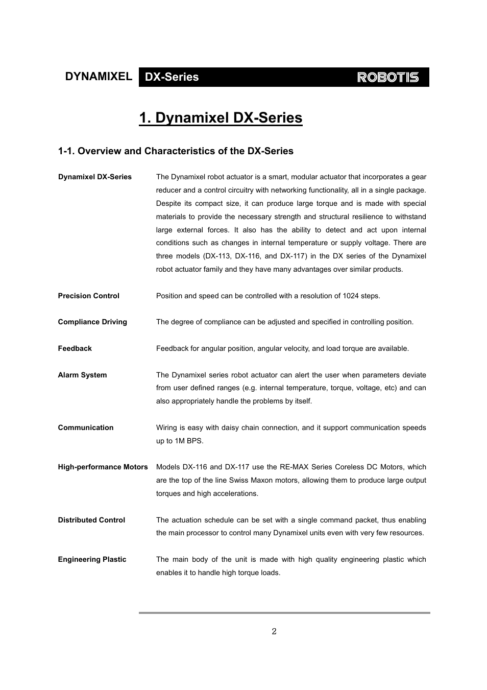 Dynamixel dx-series, 1. overview and characteristics of the dx-series | Robotis Dynamixel DX-117 User Manual | Page 3 / 43
