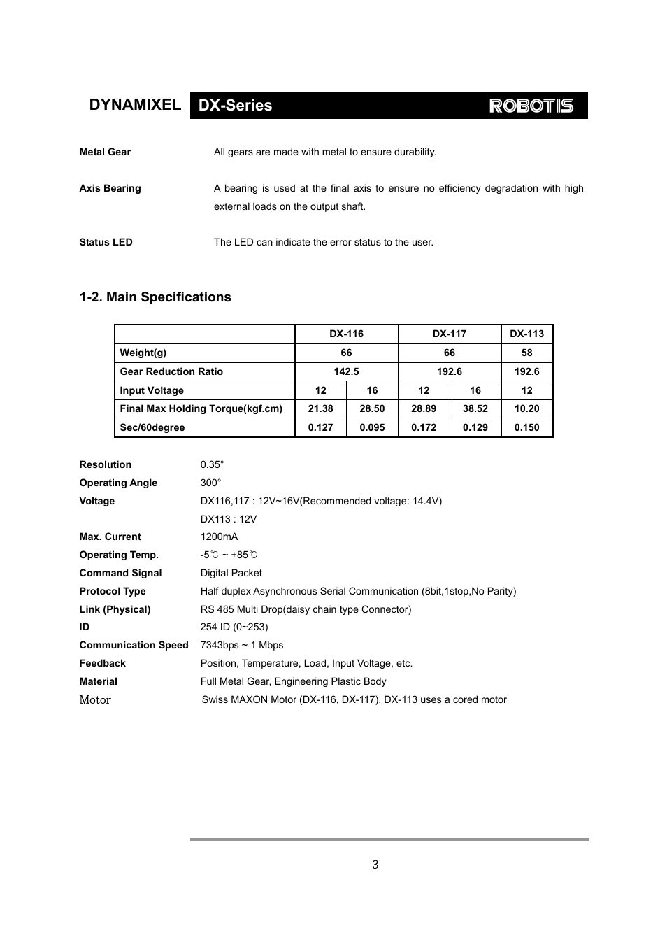 Dynamixel dx-series, 2. main specifications | Robotis Dynamixel DX-117 User Manual | Page 4 / 43