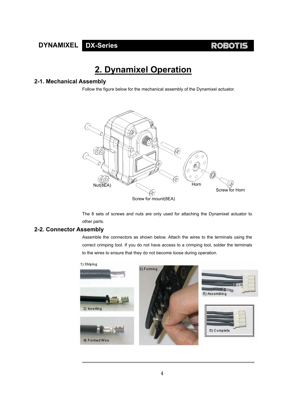 Dynamixel operation, Dynamixel dx-series, 1. mechanical assembly | 2. connector assembly | Robotis Dynamixel DX-117 User Manual | Page 5 / 43