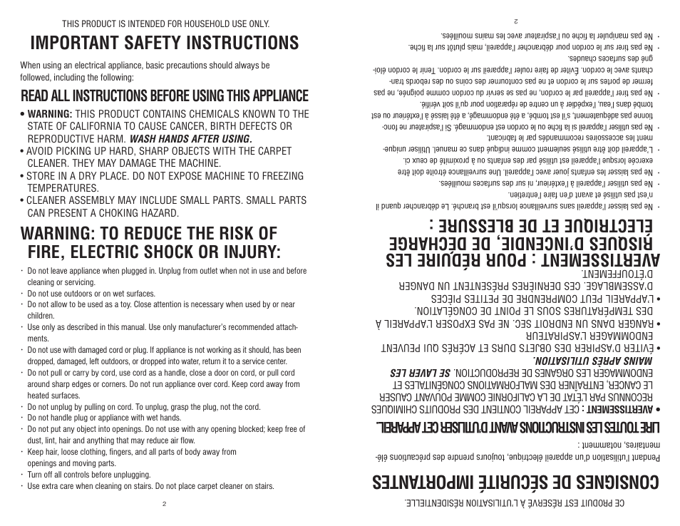 Important safety instructions, Consignes de sécurité impor tantes, Read all instructions before using this appliance | Royal Vacuums LEXON S20 User Manual | Page 2 / 24