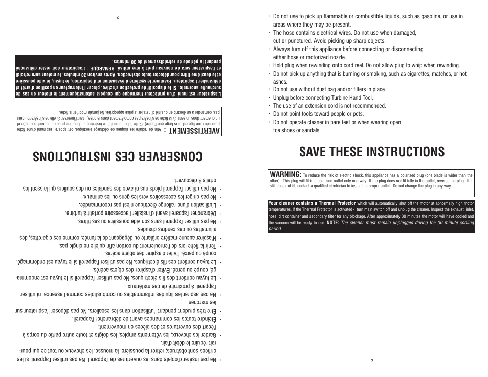 Save these instructions, Conserver ces instructions | Royal Vacuums LEXON S20 User Manual | Page 3 / 24