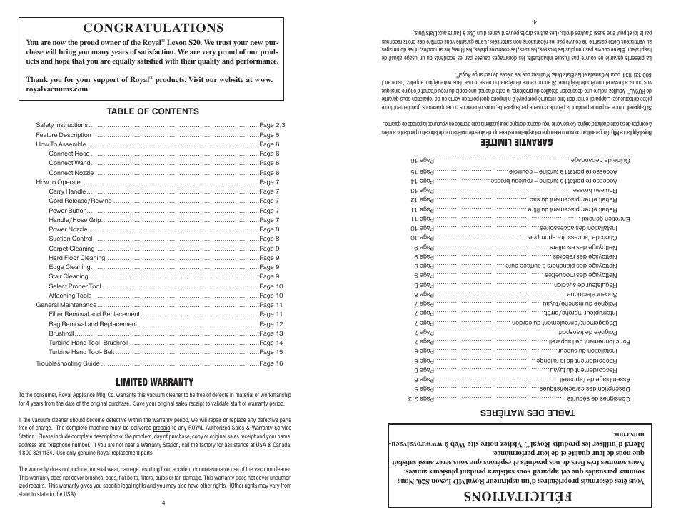 Félicitations, Limited warranty, Garantie limitée | Royal Vacuums LEXON S20 User Manual | Page 4 / 24