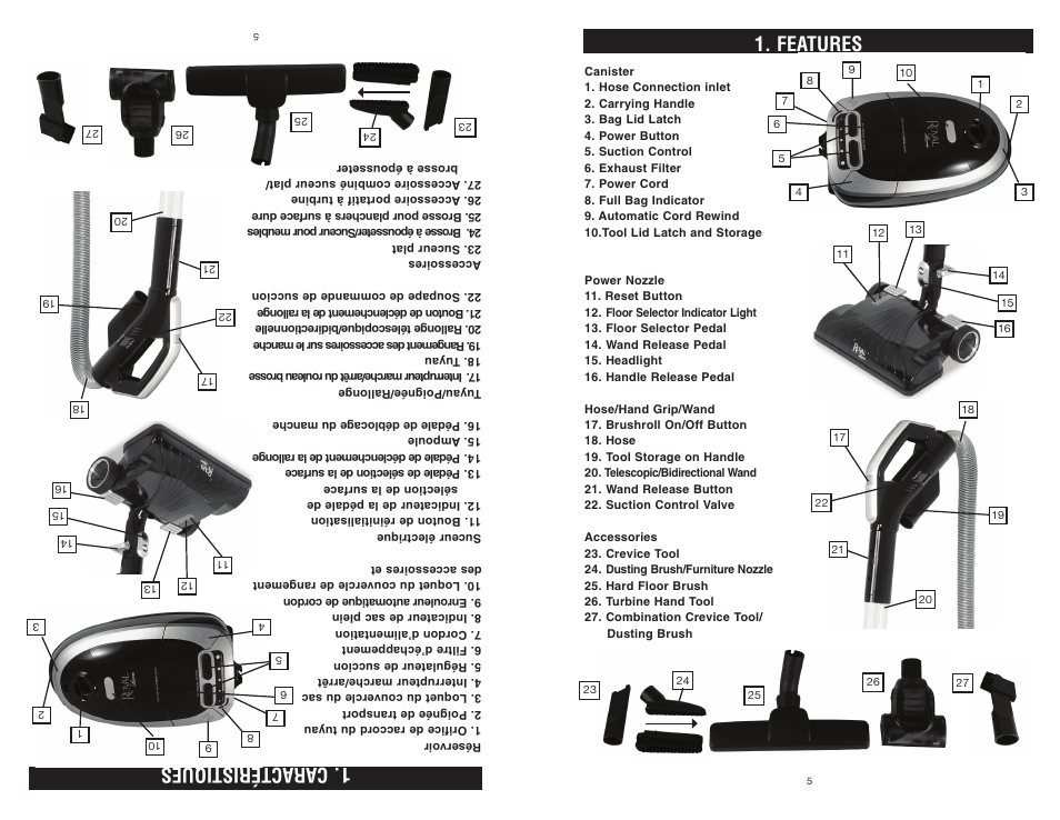 Features, Caractéristiques | Royal Vacuums LEXON S20 User Manual | Page 5 / 24
