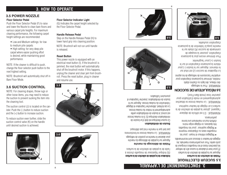 How to operate, Fonctionnement de l’app areil | Royal Vacuums LEXON S20 User Manual | Page 8 / 24