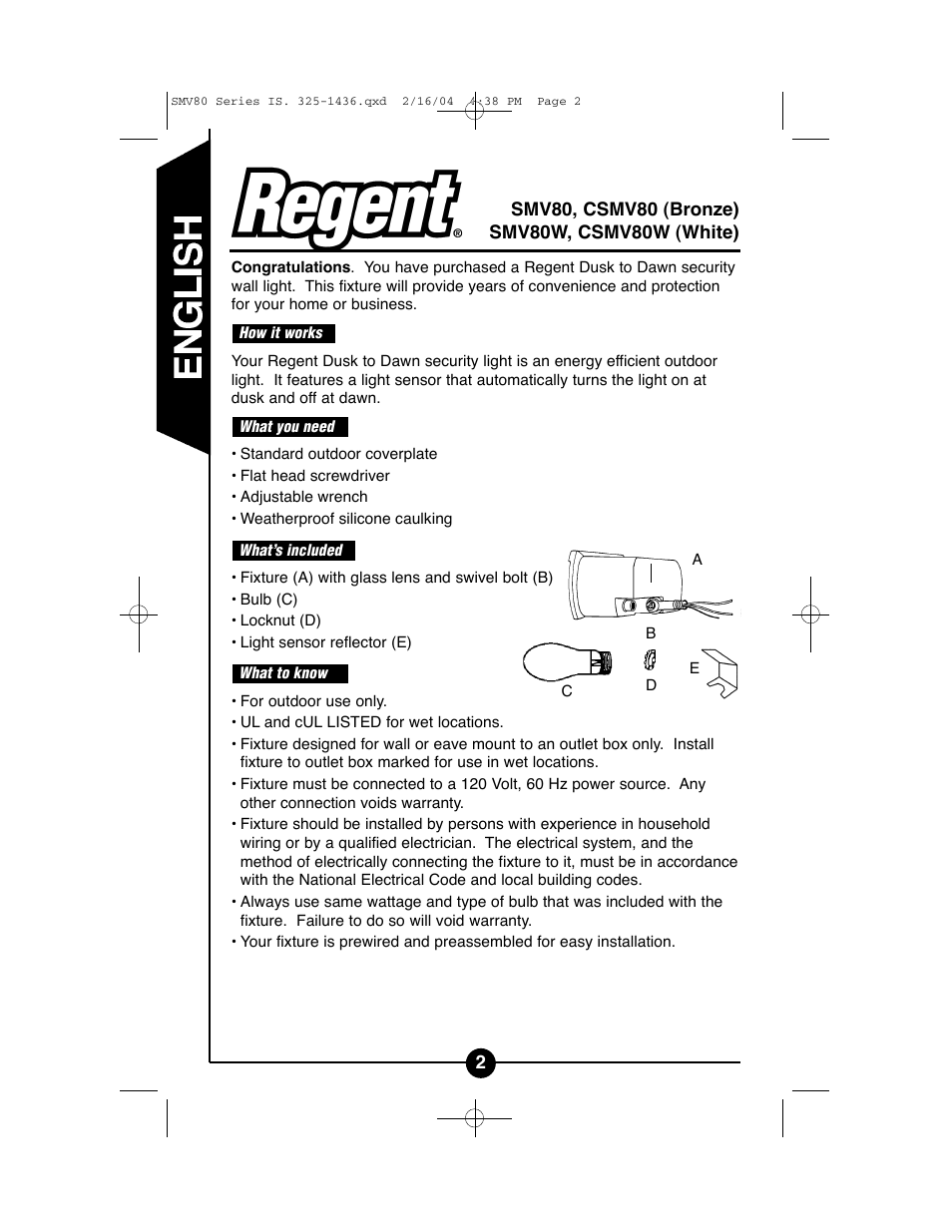 Regent Sheffield CSMV80W User Manual | Page 2 / 16