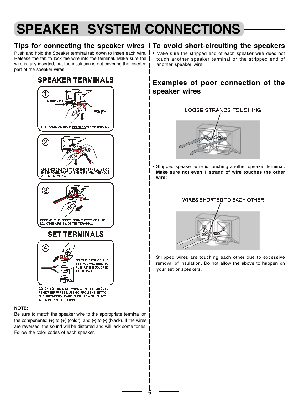 Speaker system connections, Tips for connecting the speaker wires, Examples of poor connection of the speaker wires | Regent Sheffield HT- 5OO User Manual | Page 7 / 12