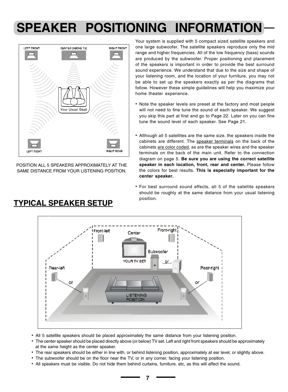 Speaker positioning information, Typical speaker setup | Regent Sheffield HT- 5OO User Manual | Page 8 / 12