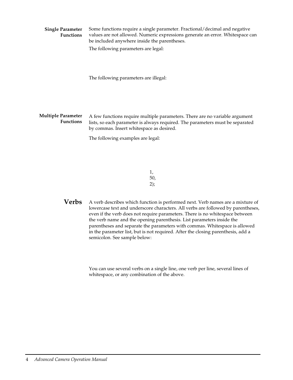 Single parameter functions, Multiple parameter functions, Verbs | Roper Photometric User Manual | Page 10 / 52