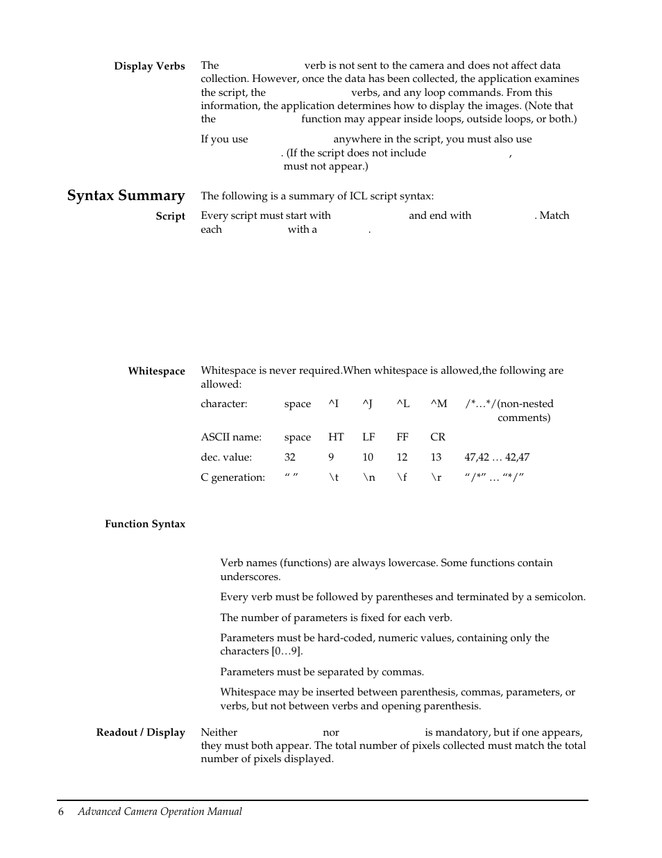 Display verbs, Syntax summary, Script | Whitespace, Function syntax, Readout / display | Roper Photometric User Manual | Page 12 / 52