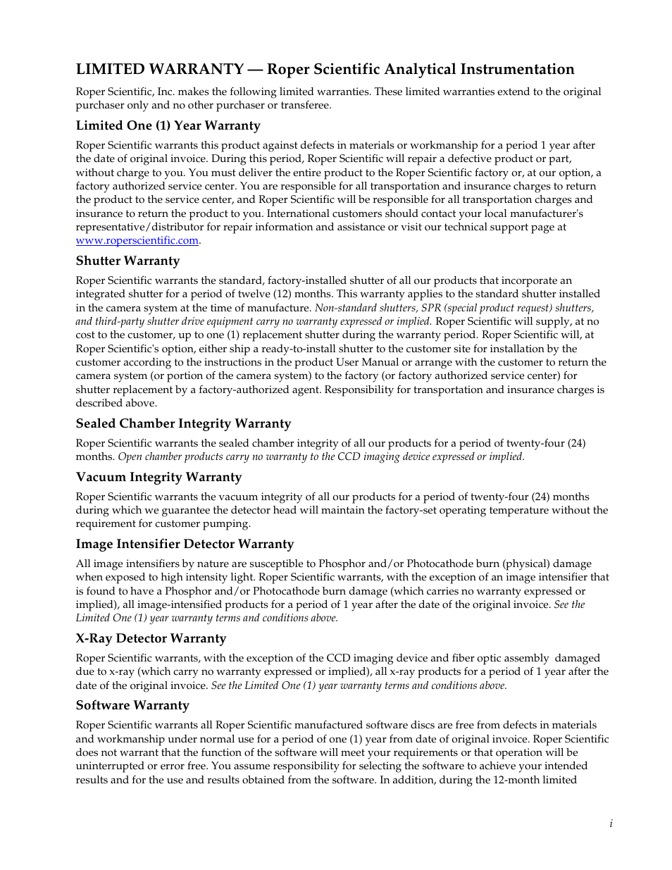 Limited warranty, Limited one (1) year warranty, Shutter warranty | Sealed chamber integrity warranty, Vacuum integrity warranty, Image intensifiter detector warranty, X-ray detector warranty, Software warranty | Roper Photometric User Manual | Page 3 / 52