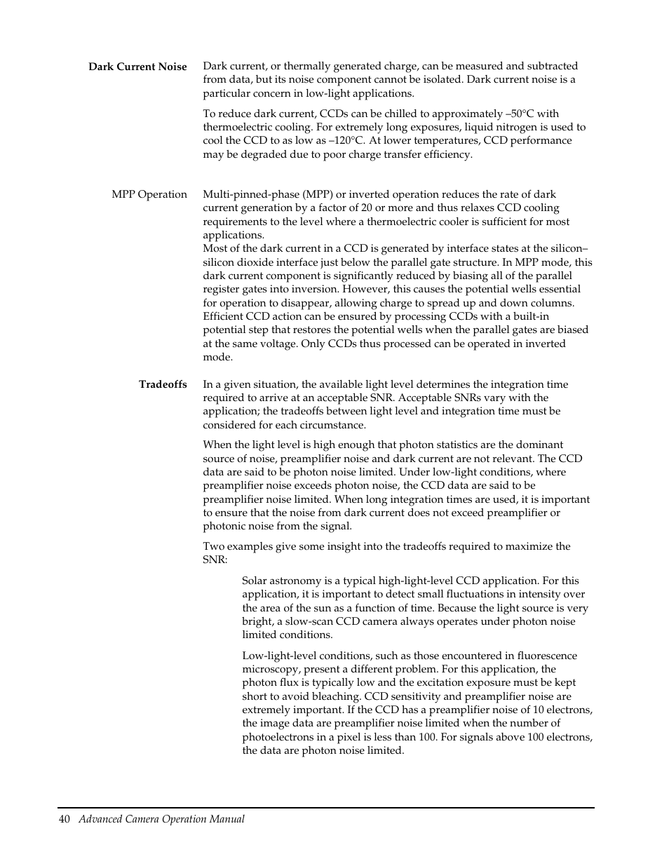 Dark current noise, Tradeoffs, Dark current noise tradeoffs | Roper Photometric User Manual | Page 46 / 52