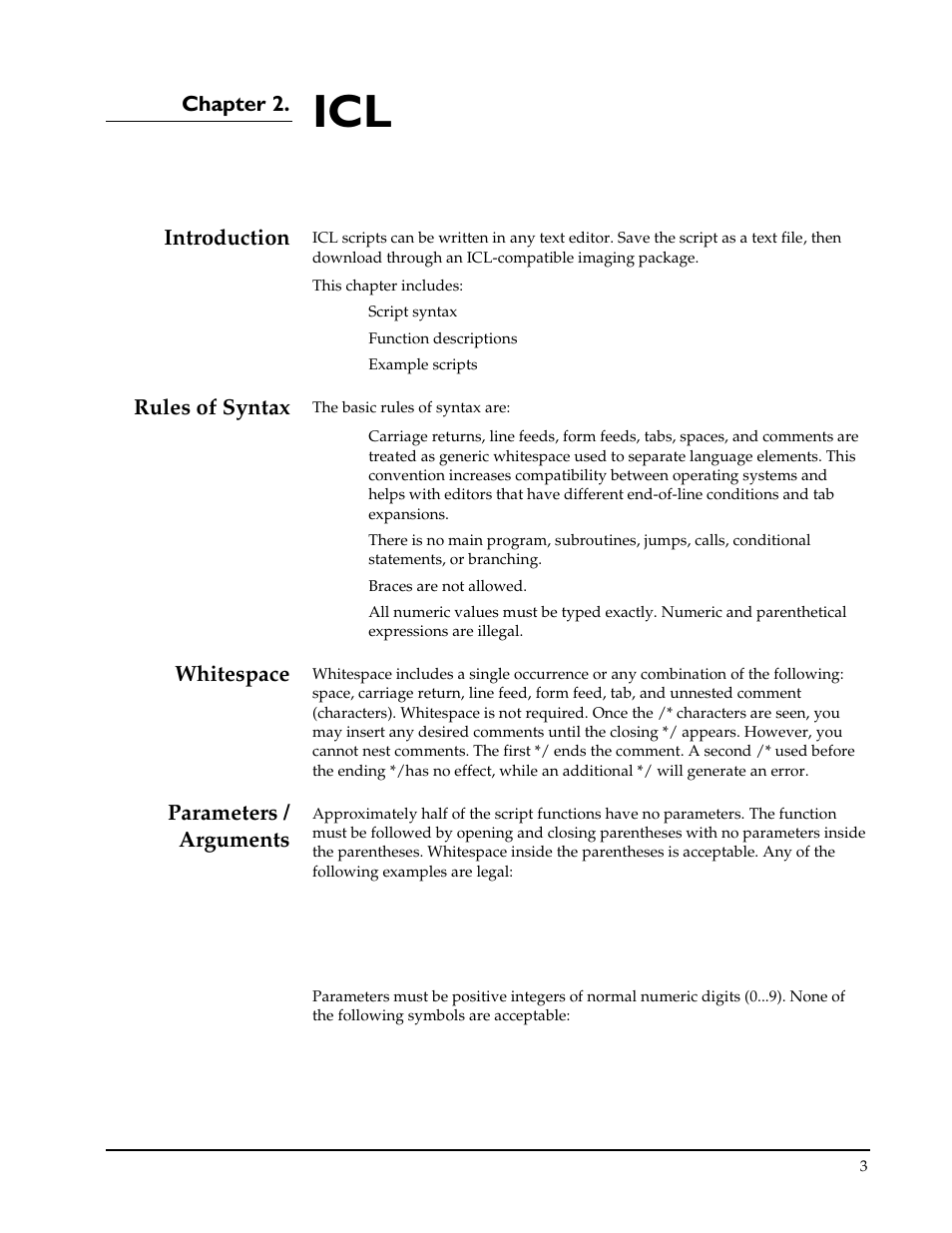 Chapter 2, icl, Introduction, Rules of syntax | Whitespace, Parameters / arguments, Chapter 2. icl, Chapter 2 | Roper Photometric User Manual | Page 9 / 52