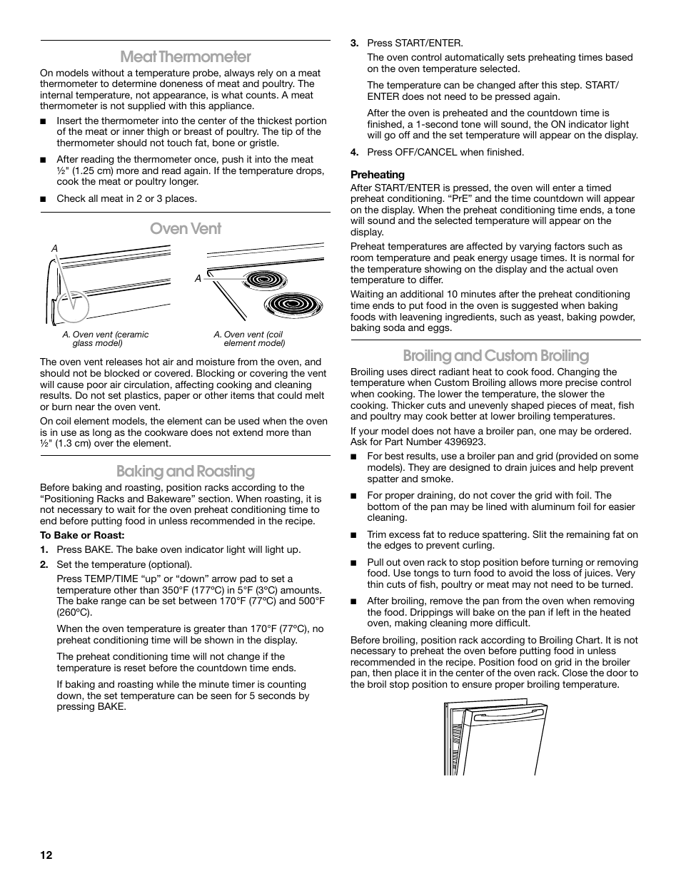 Meat thermometer, Oven vent, Baking and roasting | Broiling and custom broiling | Roper 9761805 User Manual | Page 12 / 20