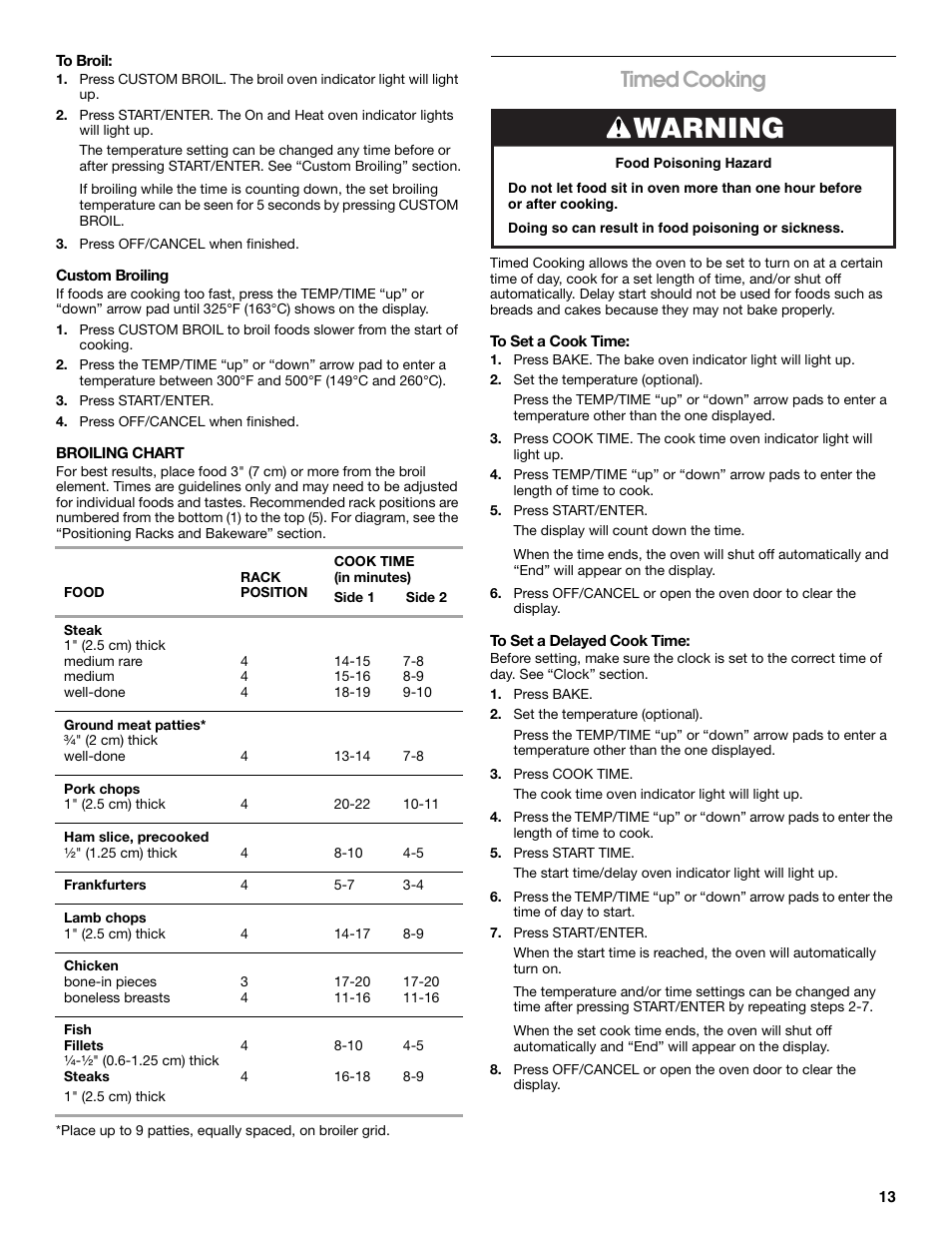 Warning, Timed cooking | Roper 9761805 User Manual | Page 13 / 20